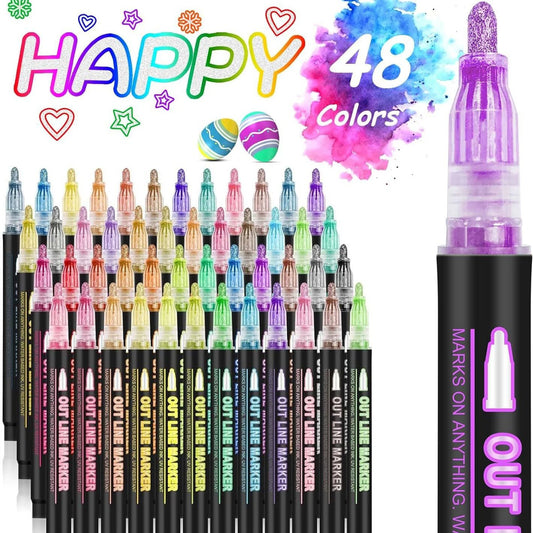 Double Line Outline Marker Pens Set Super Squiggles Highlighter Magic Glitter Drawing Pens for Creative Art Craft Supplies