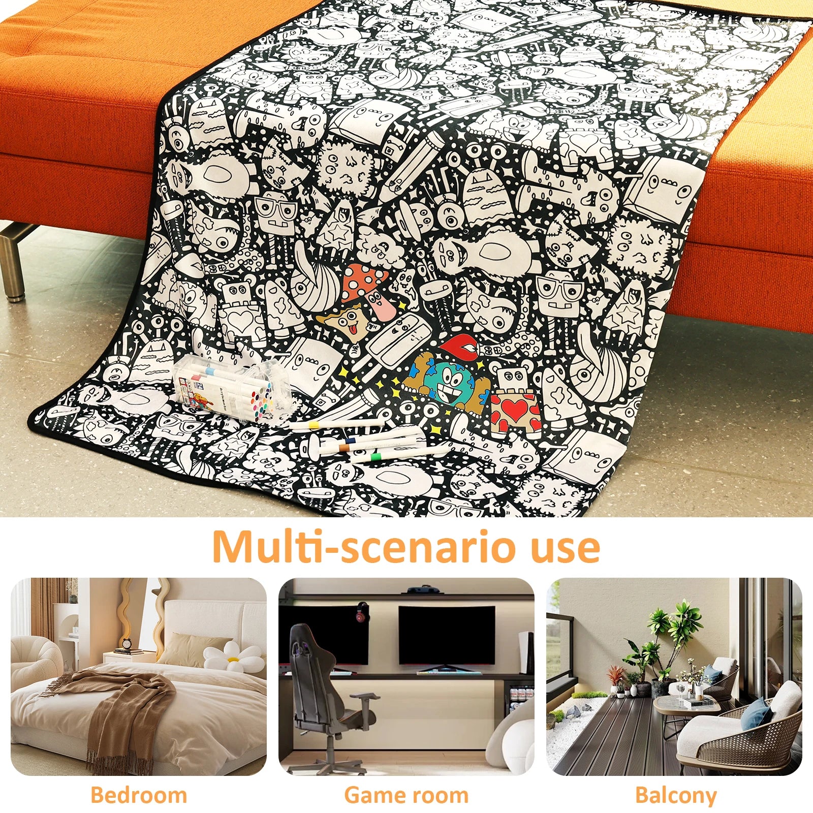 DIY Coloring Blanket with 24 Colored Markers Creative Personalization Pattern Blanket Stress Relief Unique Paint Art Decor Gift